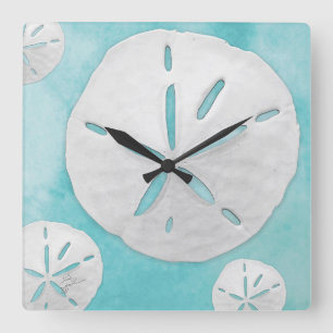 Tropical Beach Sand Dollar Turquoise Watercolor Square Wall Clock