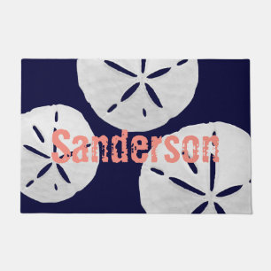 Tropical Beach Sand Dollars Navy Coral Family Name Doormat