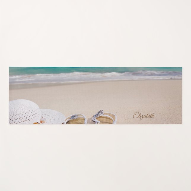 Tropical Beach, Sand,Flip flop,Hat- Personalised Yoga Mat (Front (Horizontal))