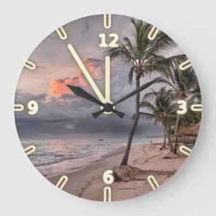 Tropical Beach,Sand Ocean Sky Palm,Sunset Large Clock