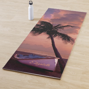 Tropical Beach,Sand,Palm,Boat,Sunset-Personalised Yoga Mat