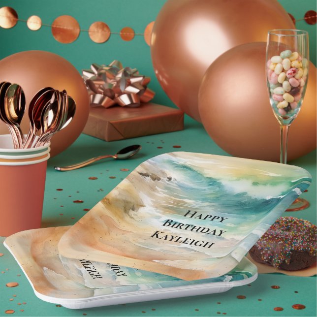 Tropical Beach Sand Turquoise Sea Birthday Paper Plate (Multi)