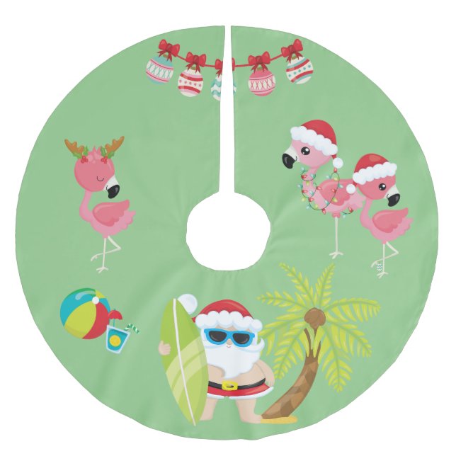 Tropical Beach Santa and Flamingos Brushed Polyester Tree Skirt (Front)