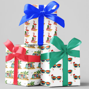 Tropical Beach Santa Christmas Flamingo  Wrapping Paper Sheet