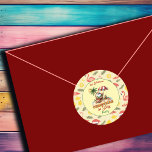 Tropical Beach & Santa Christmas in July Party Classic Round Sticker<br><div class="desc">A funny Christmas in July design with a tropical beach and Santa! You can personalise this with your name.</div>