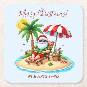 Tropical Beach & Santa Christmas Party Square Paper Coaster