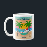 Tropical Beach Santa Mele Kalikimaka Christmas Coffee Mug<br><div class="desc">Tropical and coastal theme mug features Santa relaxing in a hammock on the beach, enjoying the ocean waves and a colourful sunset and festive palm trees decked out in string lights. The greeting says "Mele Kalikimaka" (Hawaiian Merry Christmas) in navy blue. Both lines of text can be personalised. Original artwork...</div>