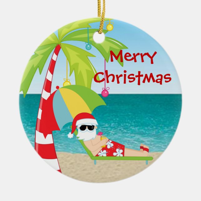 Tropical Beach Santa Palm Tree Christmas Ornament (Front)