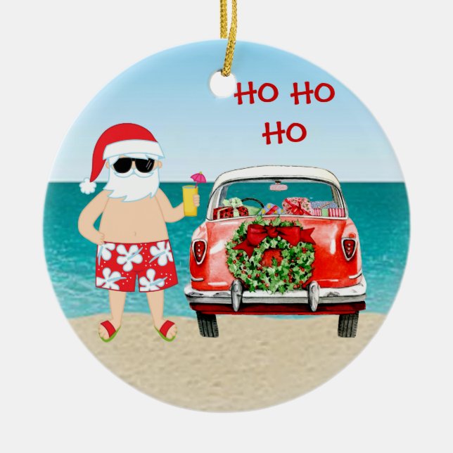 Tropical Beach Santa with Classic Car Christmas Ceramic Tree Decoration (Front)