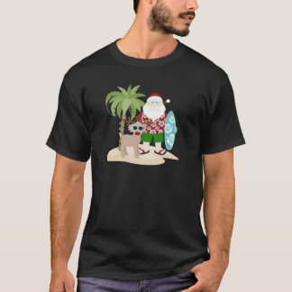 Tropical Beach Santa with Surfboard and Reindeer T-Shirt