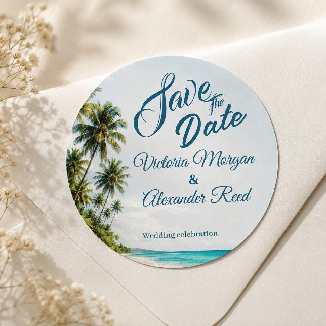 Tropical Beach Save the Date Wedding Sticker (Creator Uploaded)