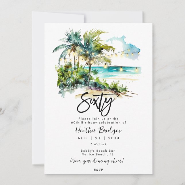 Tropical beach scene 60th birthday party invitation (Front)