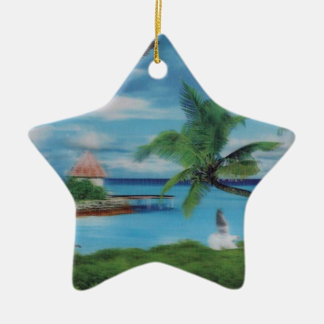Tropical Beach Scene Art Print Ceramic Tree Decoration (Front)