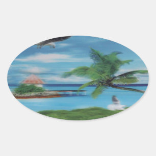 Tropical Beach Scene Art Print Oval Sticker