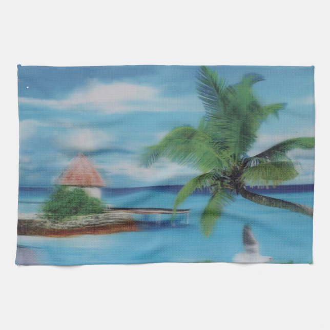 Tropical Beach Scene Art Print Tea Towel (Horizontal)