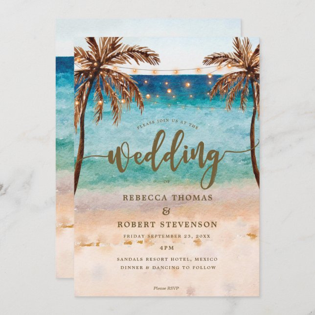 tropical beach scene modern wedding invitation (Front/Back)