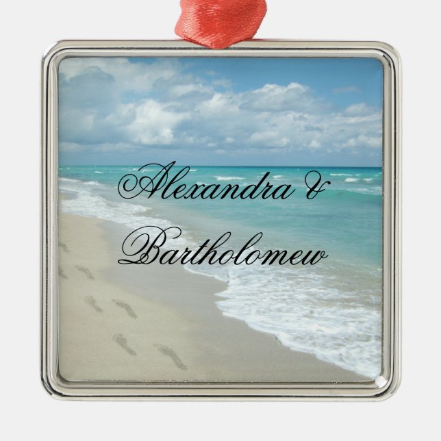 Tropical Beach Scene Personalised Keepsake Metal Tree Decoration (Front)