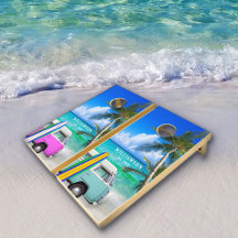 Tropical Beach Scene Pink and Blue Bus & Surfboard