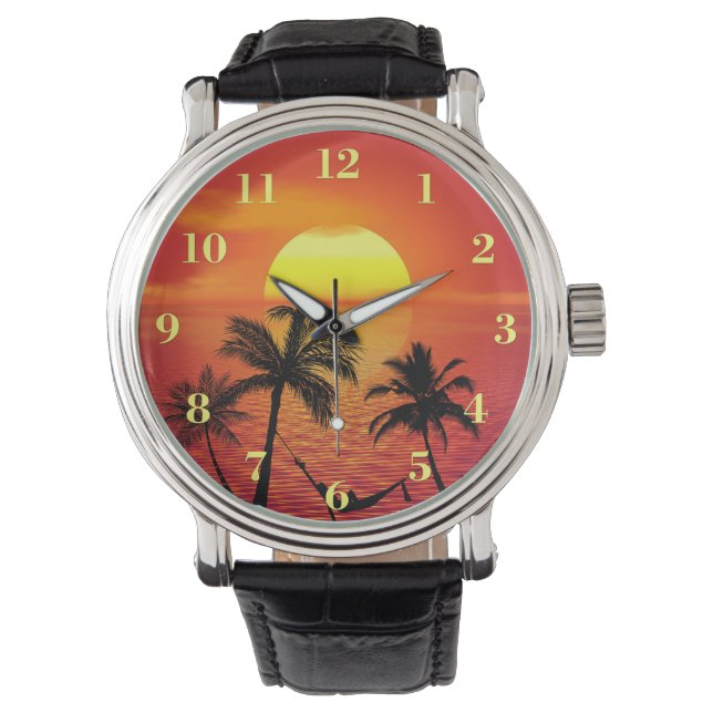 Tropical Beach Scene Sunset Palm Trees Watch (Front)