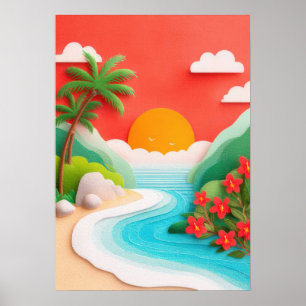 Tropical beach scene with palm trees and hibiscus poster