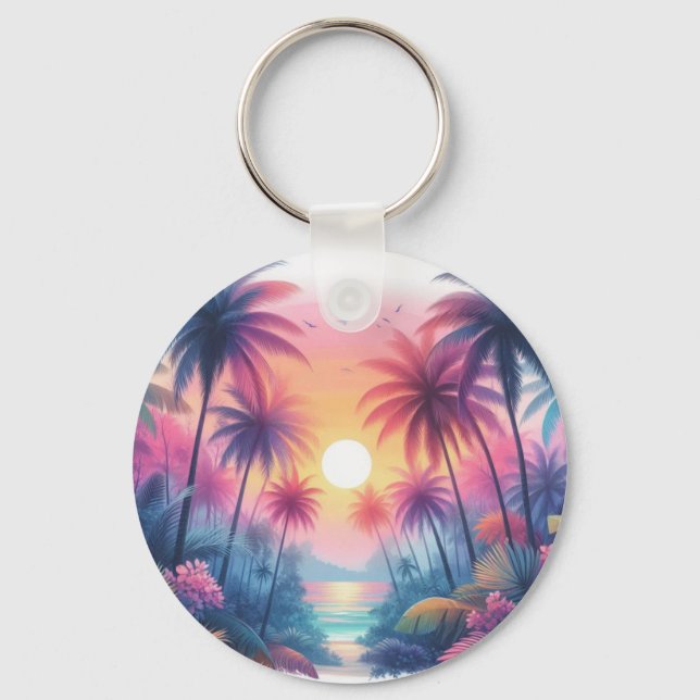 Tropical Beach Scene With Pink Sunset Key Ring (Front)