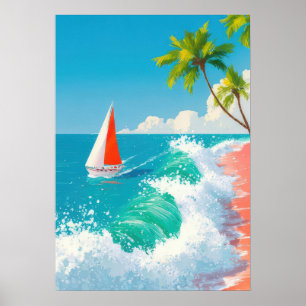 tropical beach scene with sailboat and waves poster