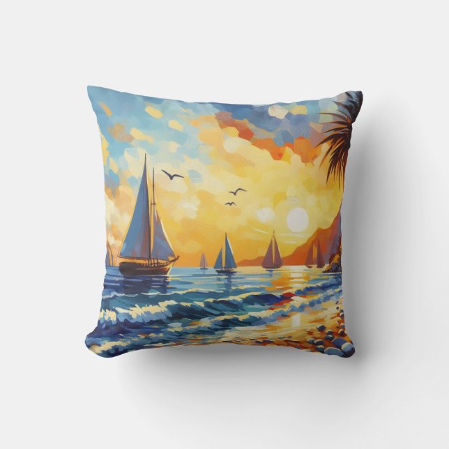 Tropical Beach Scene With Sailboats Cushion (Front)