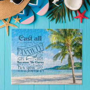 Tropical Beach Scenery, 1 Peter 5:7 Bible Verse Jigsaw Puzzle