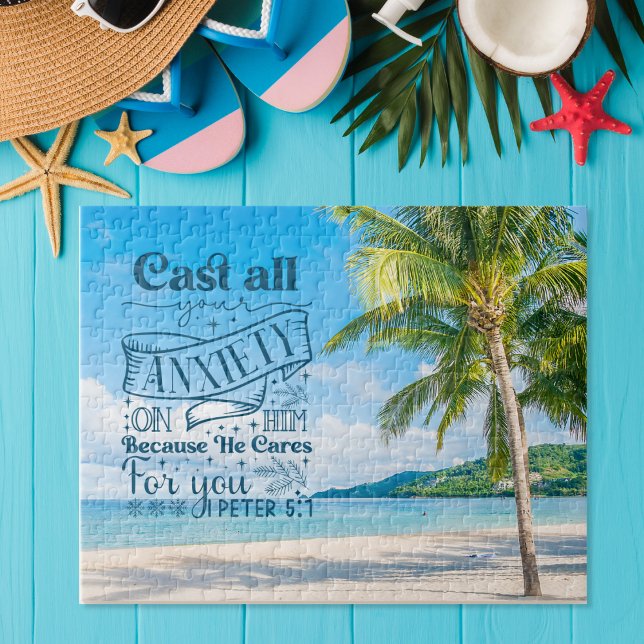 Tropical Beach Scenery, 1 Peter 5:7 Bible Verse Jigsaw Puzzle (Creator Uploaded)