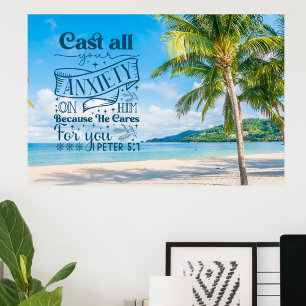 Tropical Beach Scenery, 1 Peter 5:7 Bible Verse  Poster