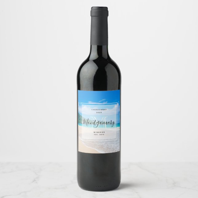 Tropical Beach Scenic Photo Wine Making Wine Label (Front)