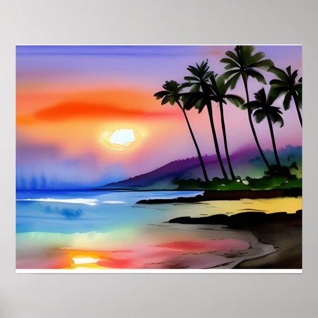 Tropical Beach Scenic Watercolor   Poster (Front)