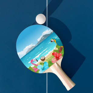 Tropical beach sea flamingo hibiscus pink florals ping pong paddle