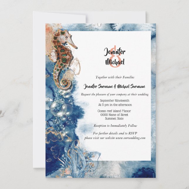 Tropical beach sea horse blue orange wedding invitation (Front)