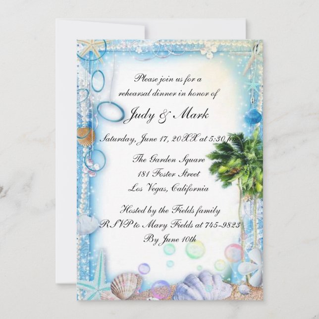 Tropical Beach Seashell Wedding Rehearsal Dinner Invitation (Front)