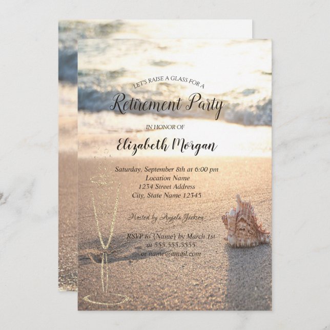 Tropical Beach Seashell Wine Glass Retirement Invitation (Front/Back)