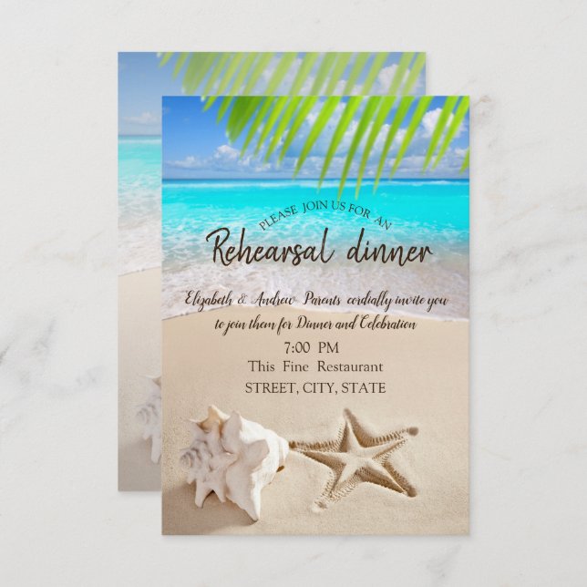 Tropical Beach,Seastar,Seashell Rehearsal Dinner Invitation (Front/Back)