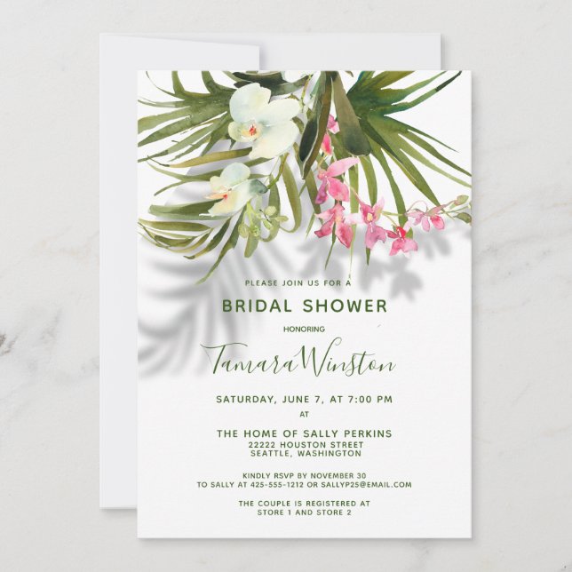 Tropical Beach Shadow Greenery Pink Floral Shower Invitation (Front)