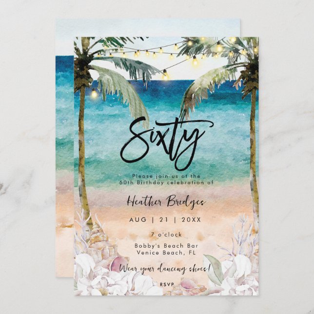 Tropical beach shells 60th birthday party invitation (Front/Back)