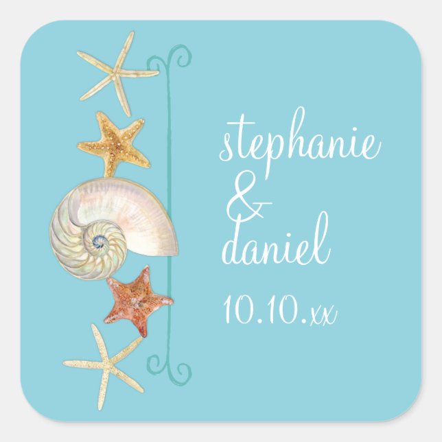 Tropical Beach Shells Starfish Nautilus Summer Square Sticker (Front)