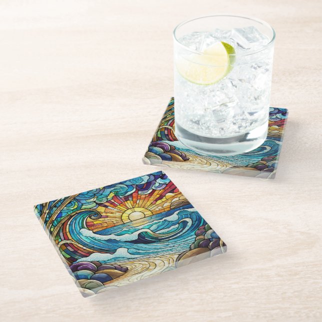 Tropical Beach Stained glass art Coaster (Angled)