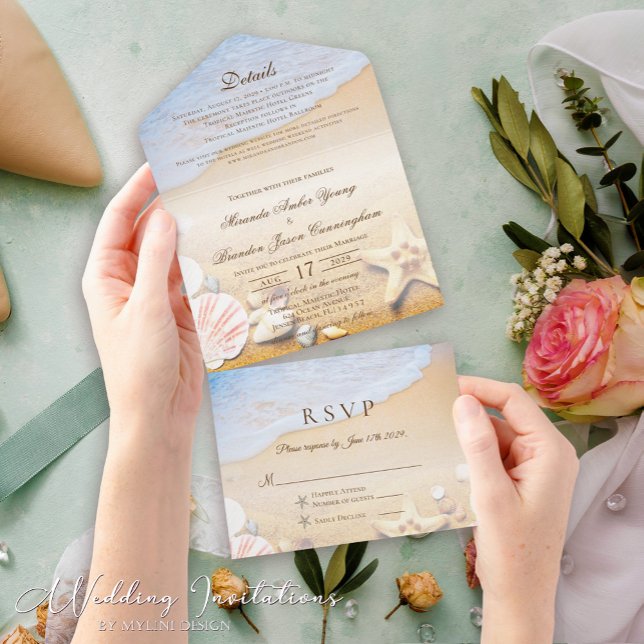 Tropical Beach Starfish and Shells Wedding All In One Invitation (Creator Uploaded)