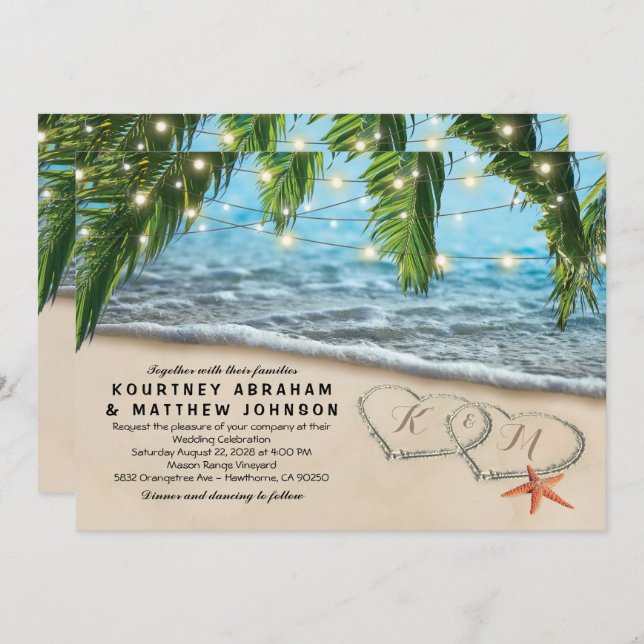 Tropical Beach Starfish Heart Shore Wedding Invitation (Front/Back)