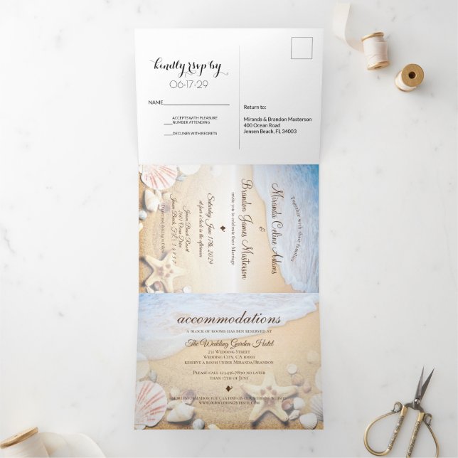 Tropical Beach Starfish Summer Wedding Tri-Fold Invitation (Inside)