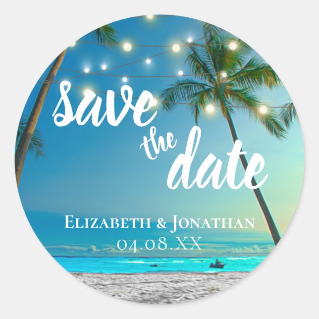 Tropical Beach String Lights Palms Save The Date Classic Round Sticker (Front)
