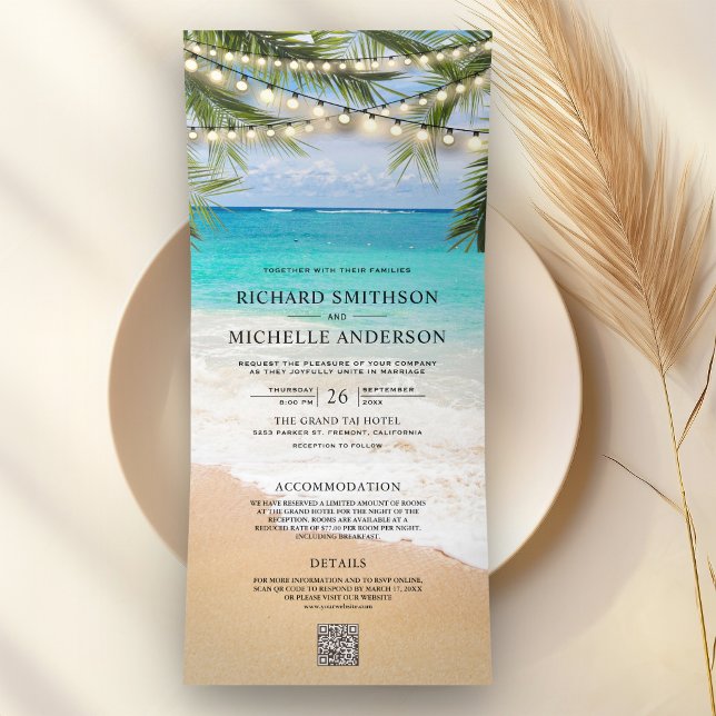 Tropical Beach String Lights QR Code Wedding Tri-Fold Invitation (Creator Uploaded)
