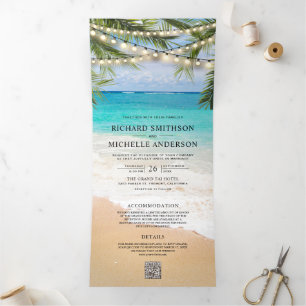 Tropical Beach String Lights QR Code Wedding Tri-Fold Invitation