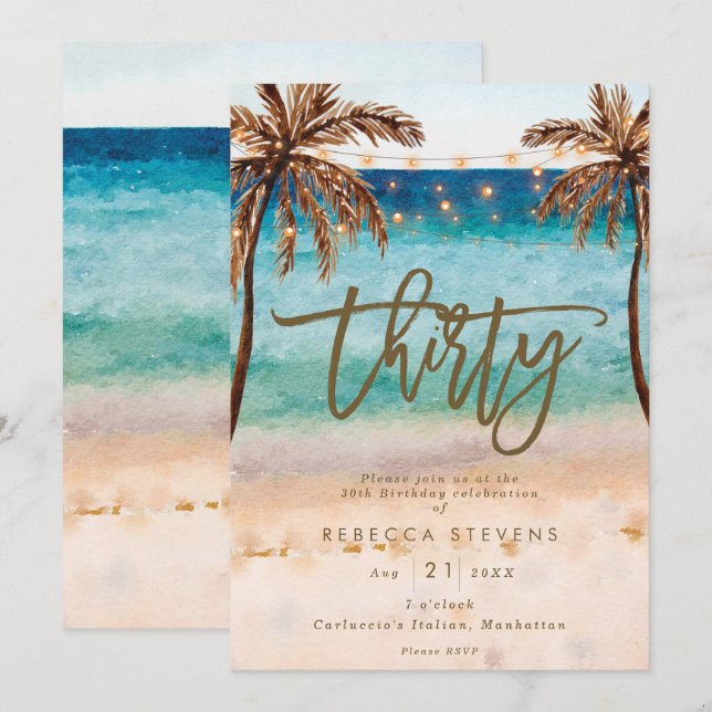 tropical beach summer 30th birthday party invitation (Front/Back)
