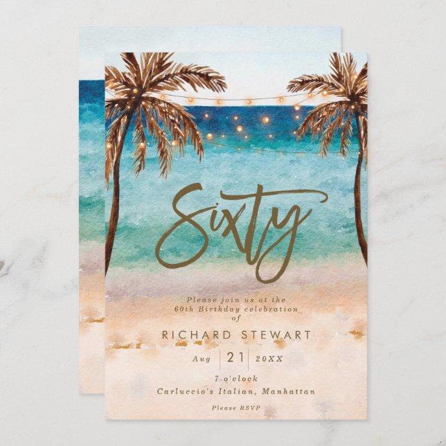 tropical beach summer 60th birthday party invitation (Front/Back)