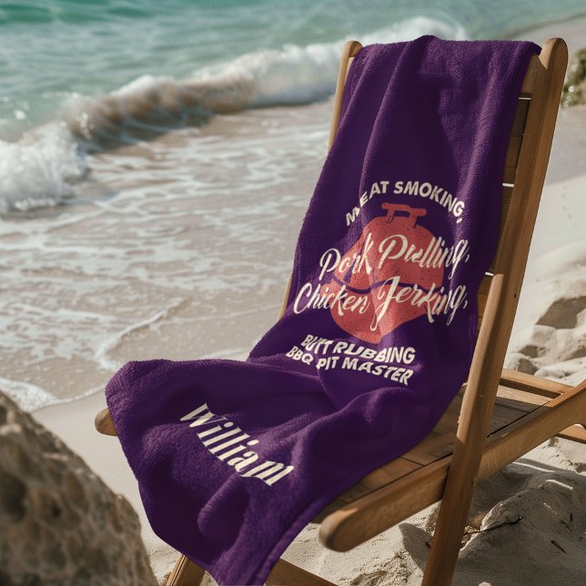 Tropical Beach Summer BBQ Pit Master Custom Towel (Fun BBQ Purple Personalized Beach Towel)
